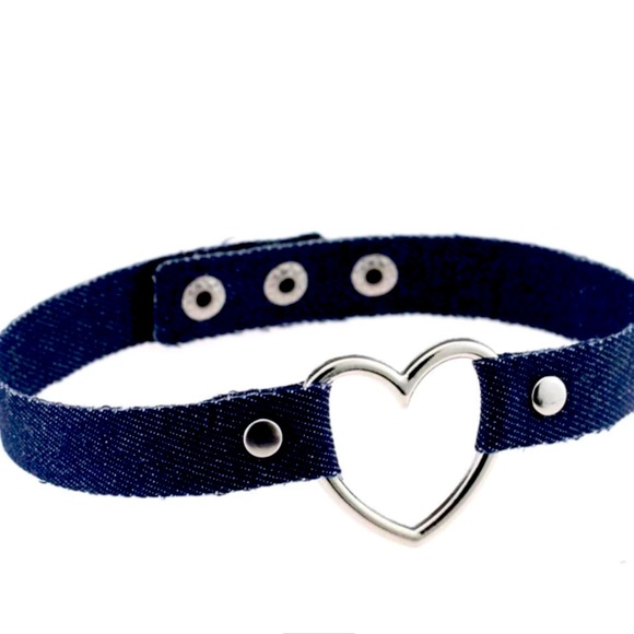 SILVER HEART & DENIM CHOKER NECKLACE WOMEN COLOR INDIGO - Picture 1 of 4